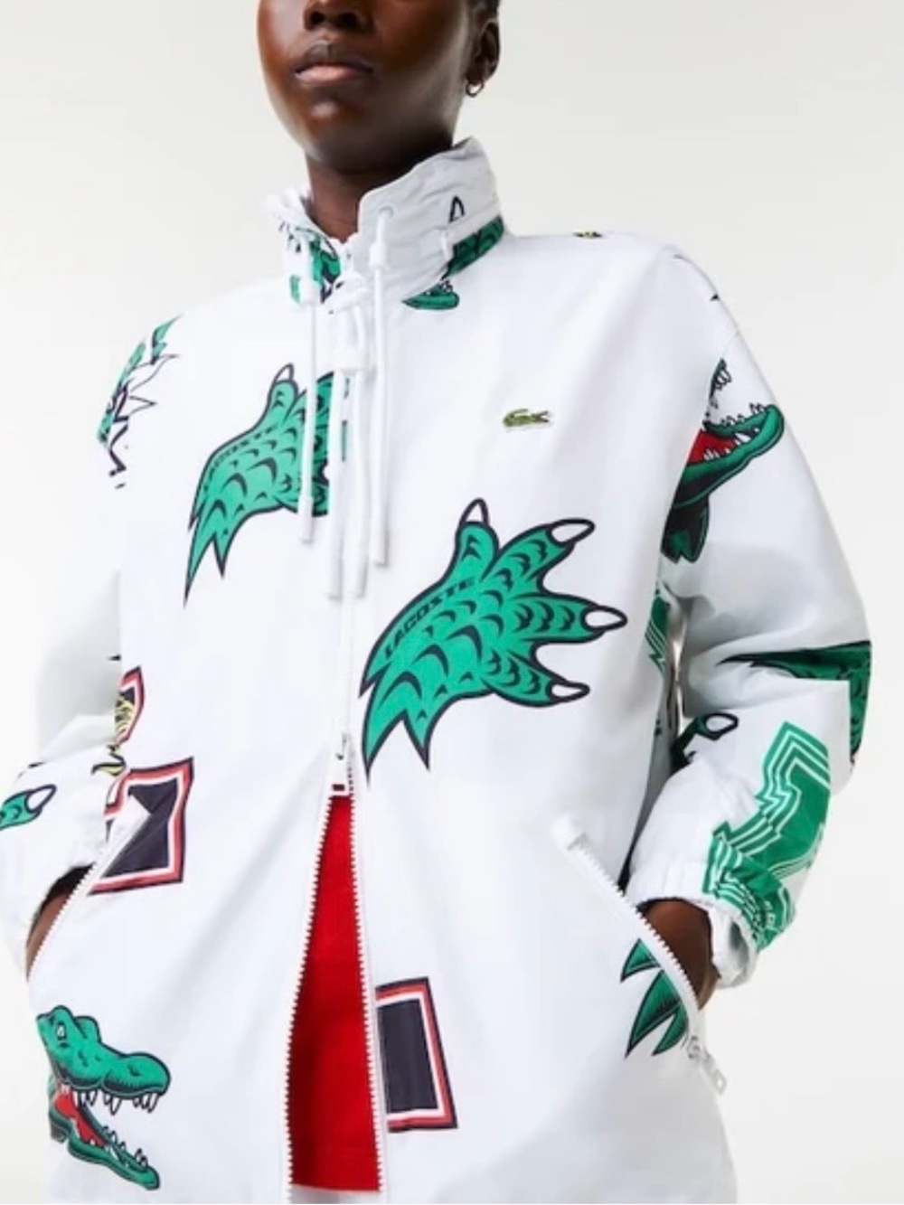 Lacoste Unisex Holiday Water-Repellent Taffeta Logo Jacket White/Multi, Size L